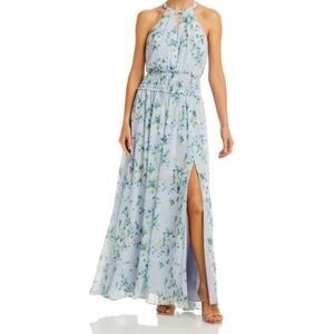BCBGMAXAZRIA Blue Floral Halter Side Slit Boho Cottagecore Maxi Dress Size 2